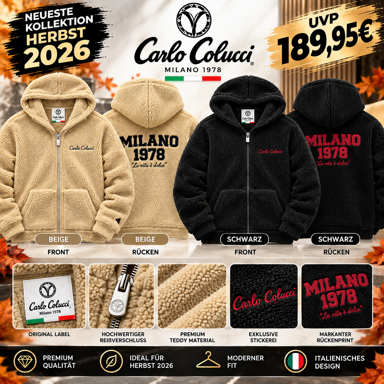Carlo Colucci Teddyjacke beige schwarz C7729 Col 58 /Col 20