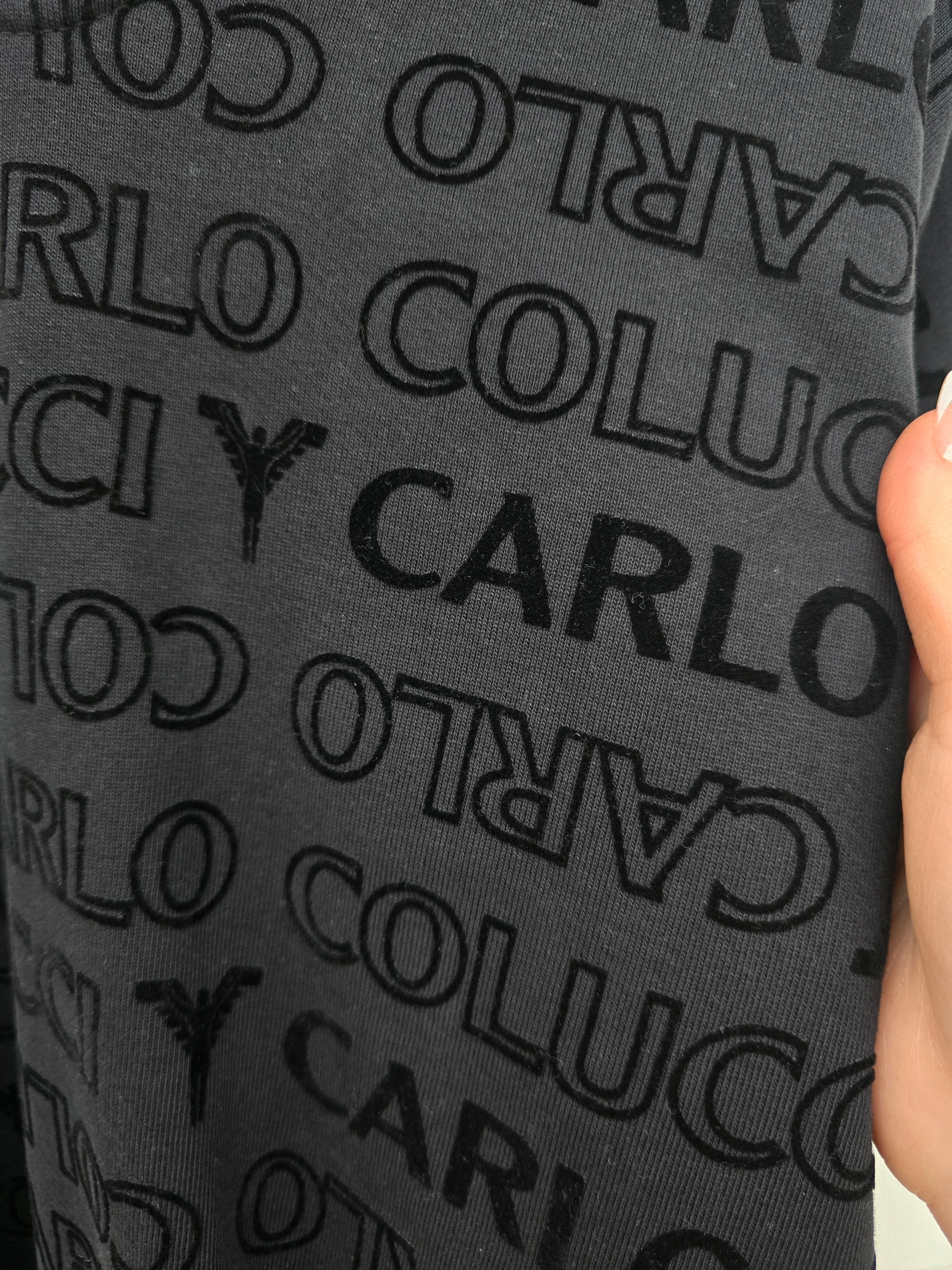 (Stange2) Carlo Colucci Sweatshirt Pullover mit Kragen schwarz samt geflockt M-L