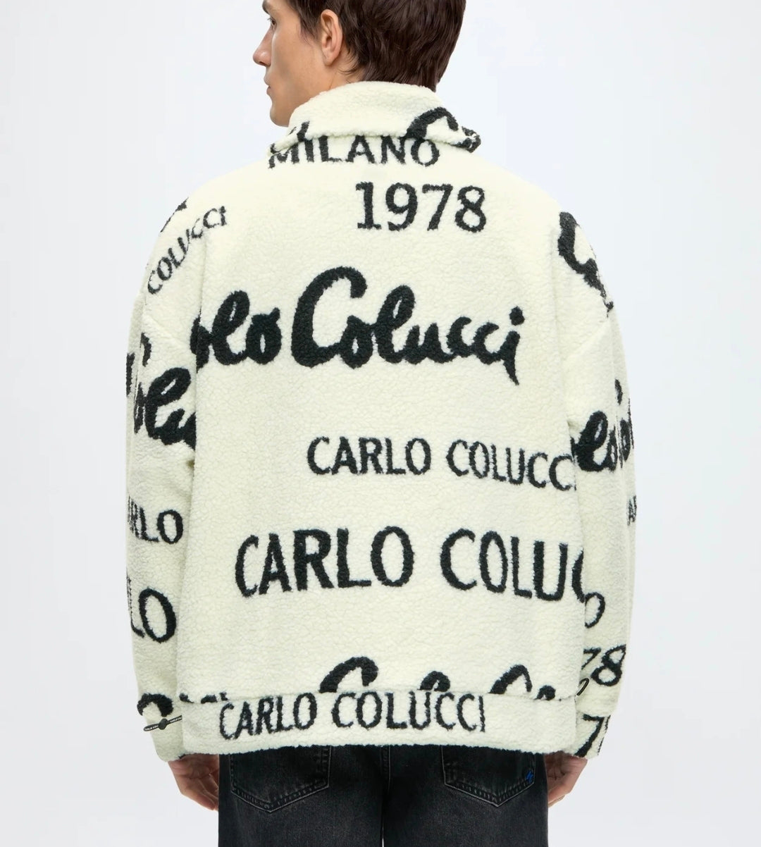 Carlo Colucci Teddyjacke schwarz cremeweiß Jacke Reißverschluss Schrift