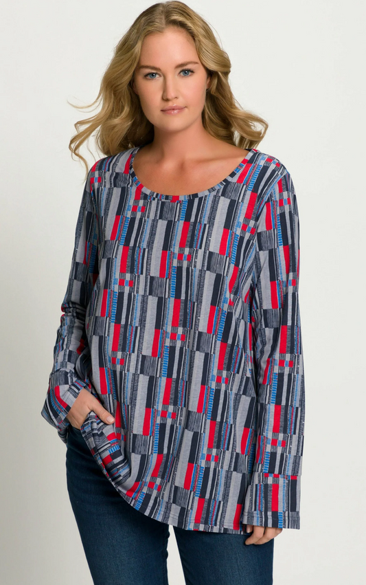 (U29) Ulla Popken Langarmshirt Blau/Rot Muster 810956 130