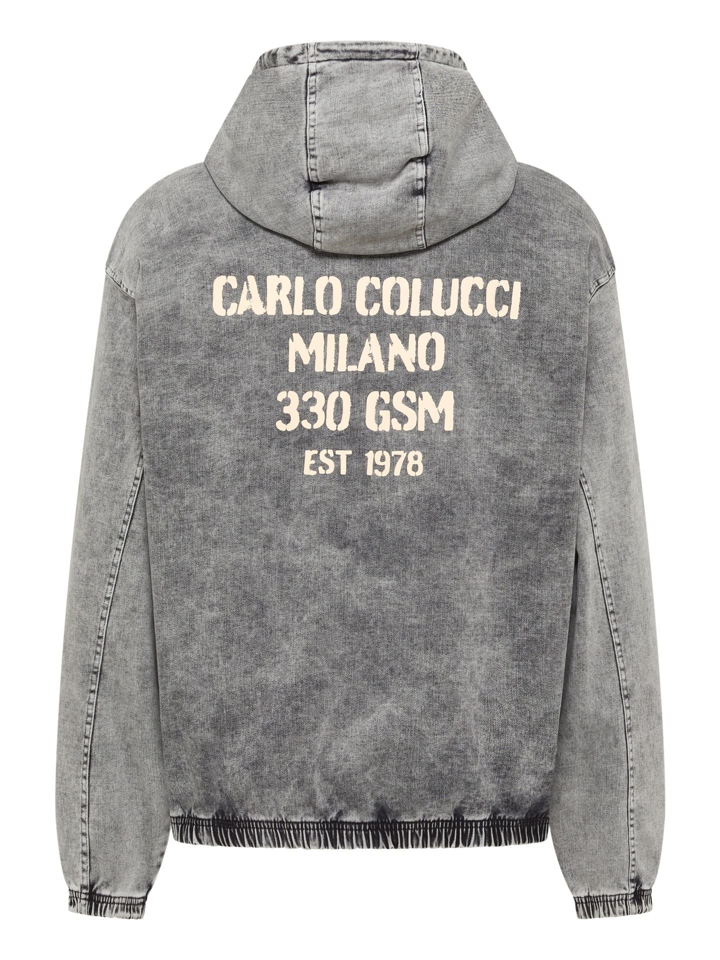 Original Carlo Colucci Jeans Optik Jacke Reißverschluss Schrift blau grau