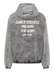 Original Carlo Colucci Jeans Optik Jacke Reißverschluss Schrift blau grau