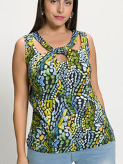 ULLA POPKEN Bluse kurzarm Tanktop grün blau muster gepunktet 809461 130 -U12-