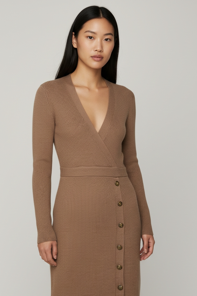 GUESS Strickkleid elegantes Kleid mit Knöpfen braun GrS