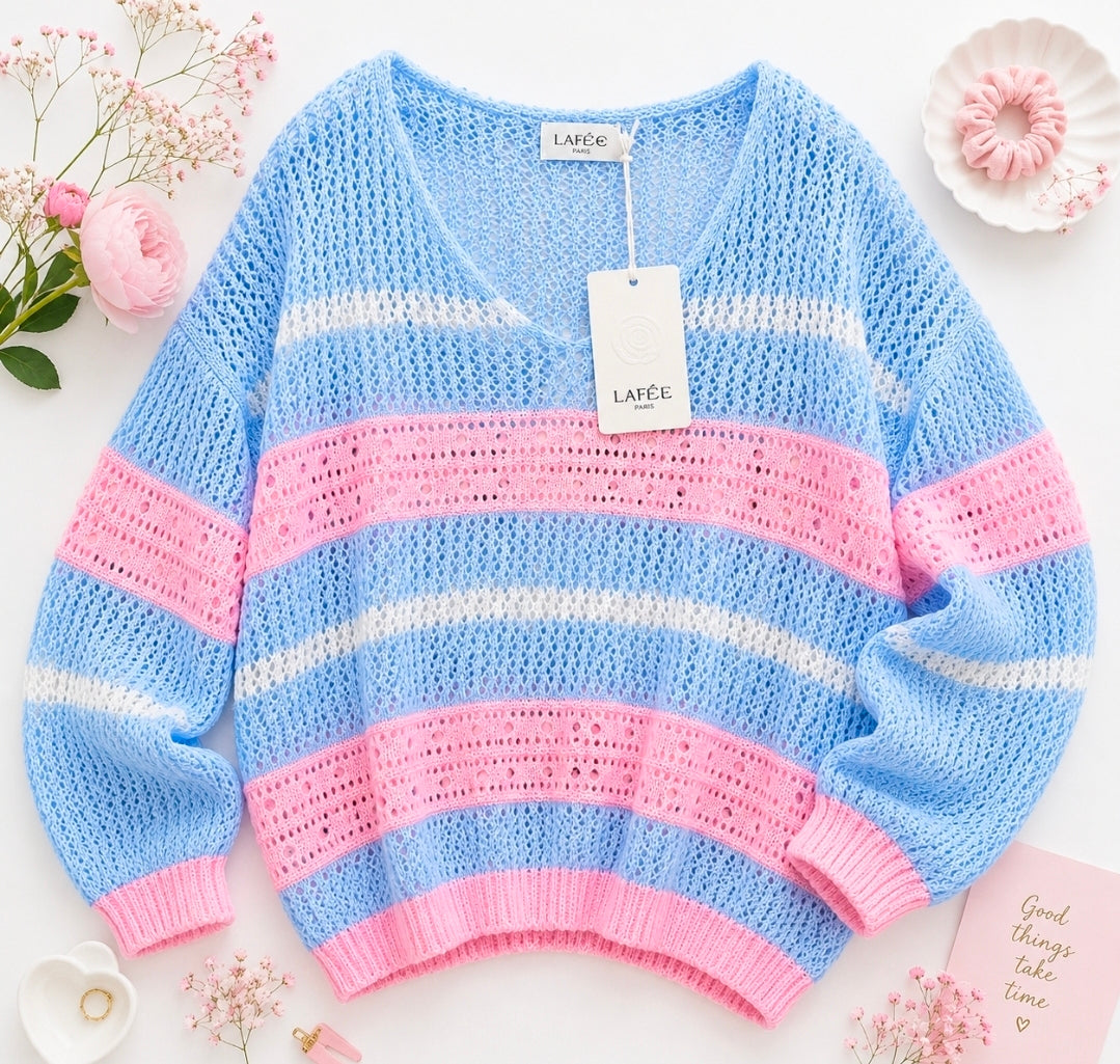 Sommer Pastell Strick Pullover leicht locker rosa weiß hellblau gestreift
