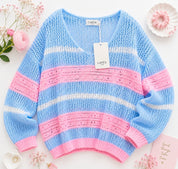 Sommer Pastell Strick Pullover leicht locker rosa weiß hellblau gestreift