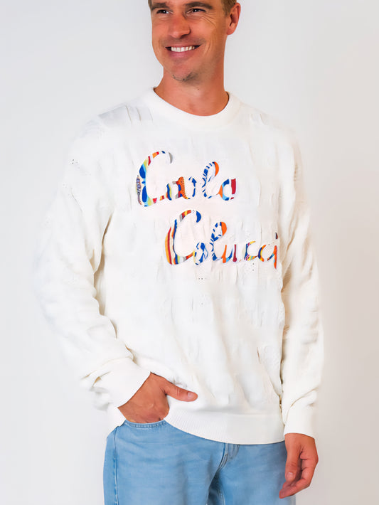 Carlo Colucci 3d Strick Pullover Schrift bunt LIMITED EDITION WEIß