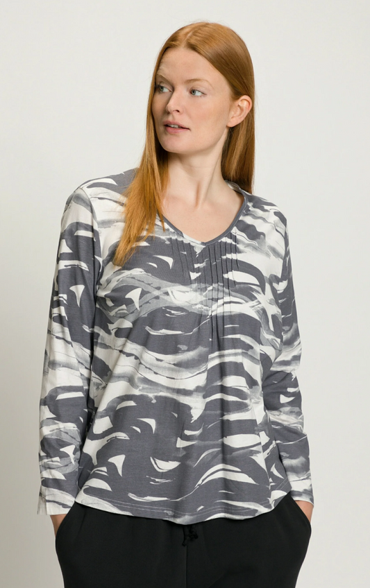 (U10) Ulla Popken Langarmshirt grau/weiß 809662 331