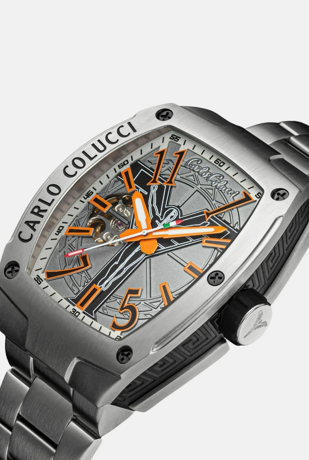 Nr18 Carlo Colucci Armbanduhr Metall Armband Silber Orange Automatik + 2 Jahre Herstellergarantie