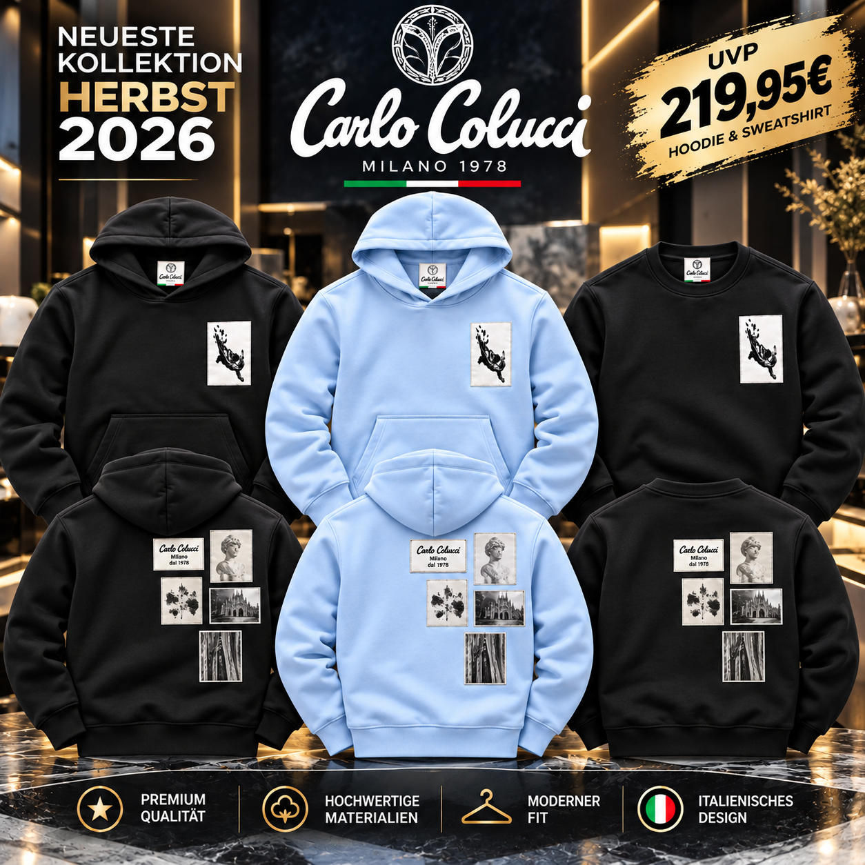 Carlo Colucci Hoodie Sweatshirt babyblau schwarz hellblau C6211 C7021