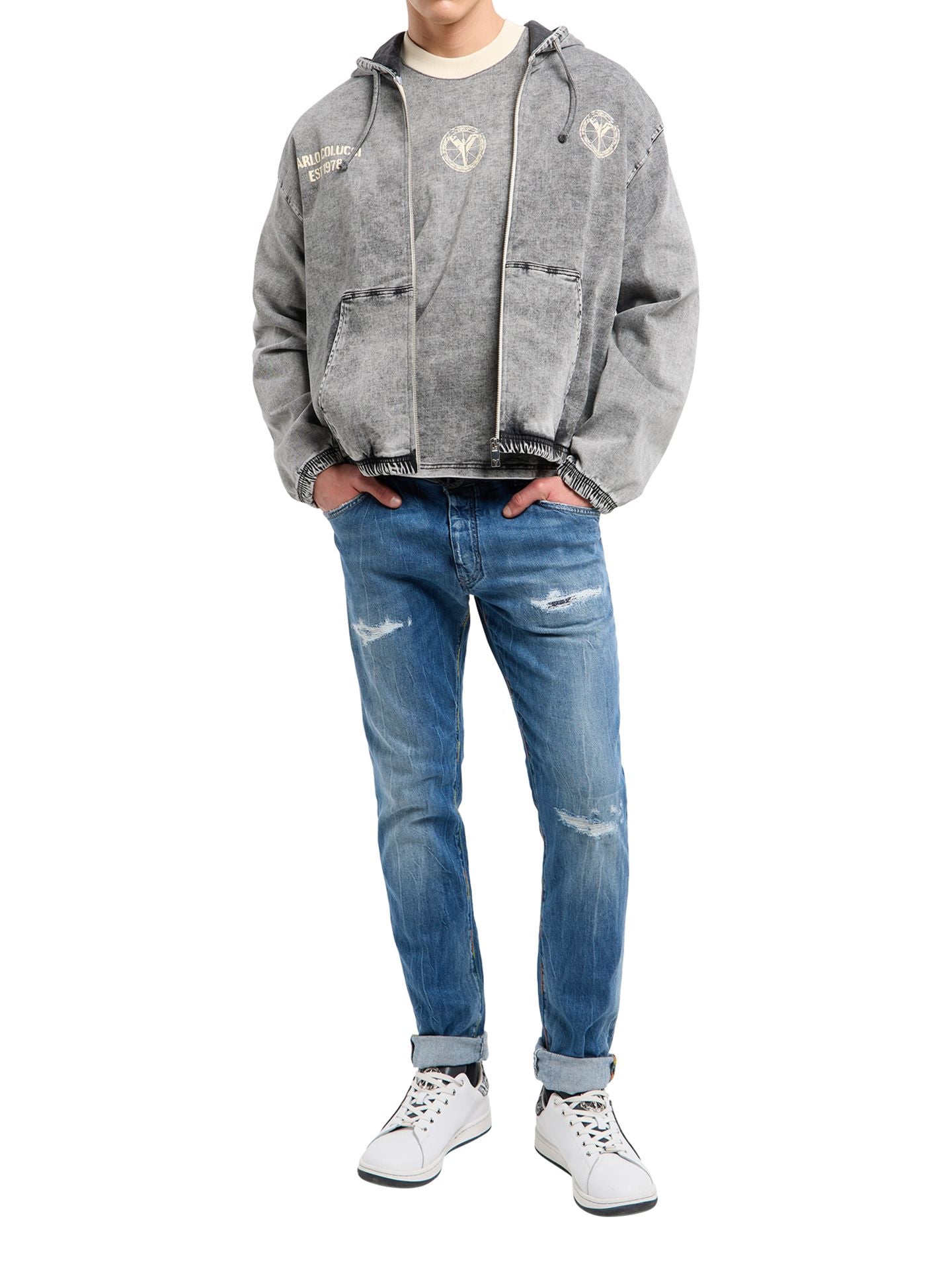 Original Carlo Colucci Jeans Optik Jacke Reißverschluss Schrift blau grau