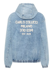 Original Carlo Colucci Jeans Optik Jacke Reißverschluss Schrift blau grau