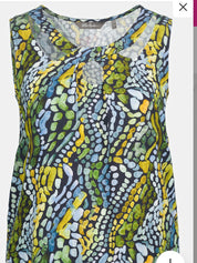 ULLA POPKEN Bluse kurzarm Tanktop grün blau muster gepunktet 809461 130 -U12-