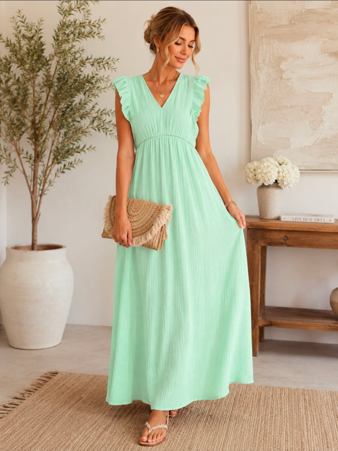 Musselin Kleid mit Rüschen lang 100% Baumwolle rosa, mintgrün,beige