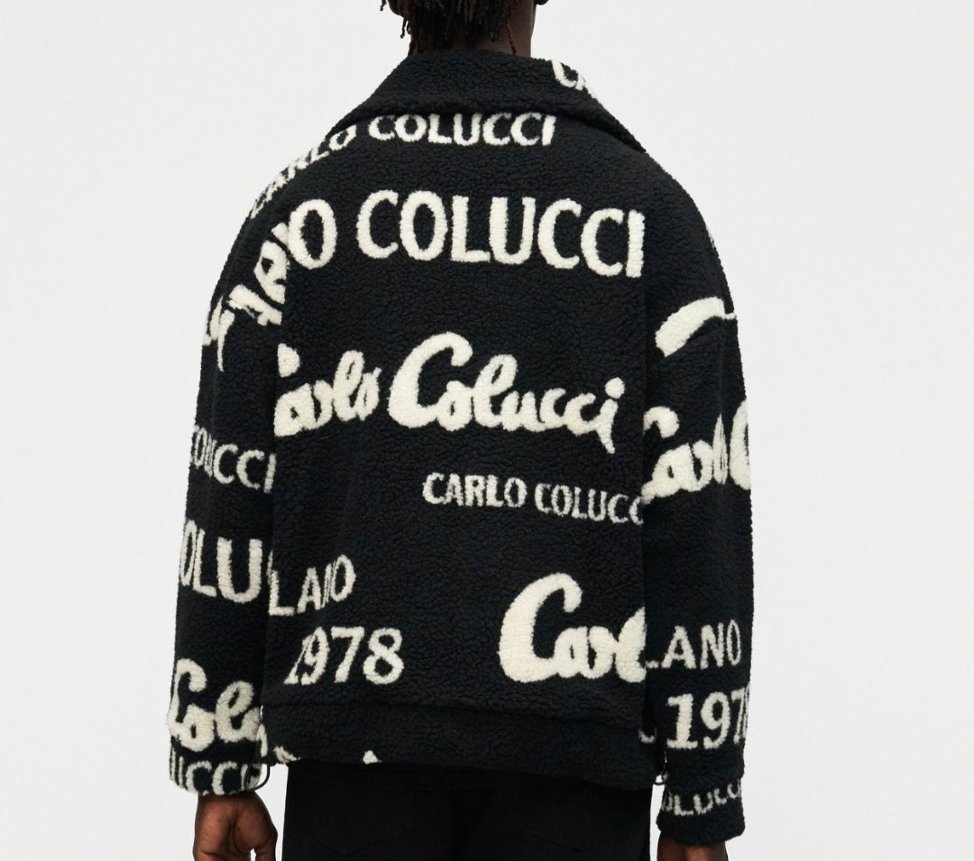 Carlo Colucci Teddyjacke schwarz cremeweiß Jacke Reißverschluss Schrift