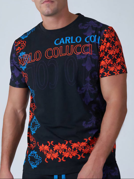 (72) Carlo Colucci Tshirt schwarz rot muster