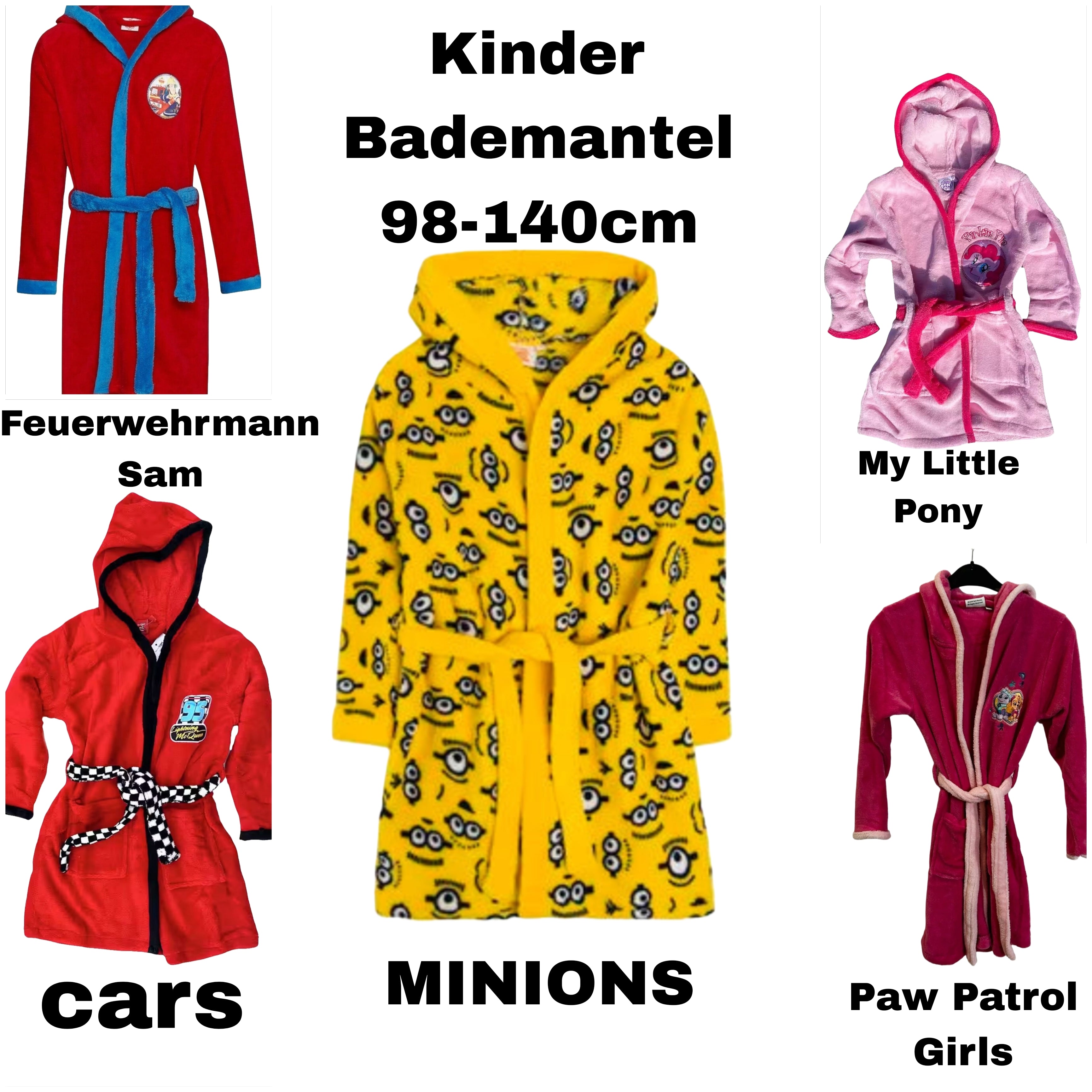 Kinder Bademantel Kuschelbademantel Minions, My little Pony, Feuerwehrmann Sam, Cars, Paw Patrol pink gelb rot blau