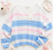 Sommer Pastell Strick Pullover leicht locker rosa weiß hellblau gestreift