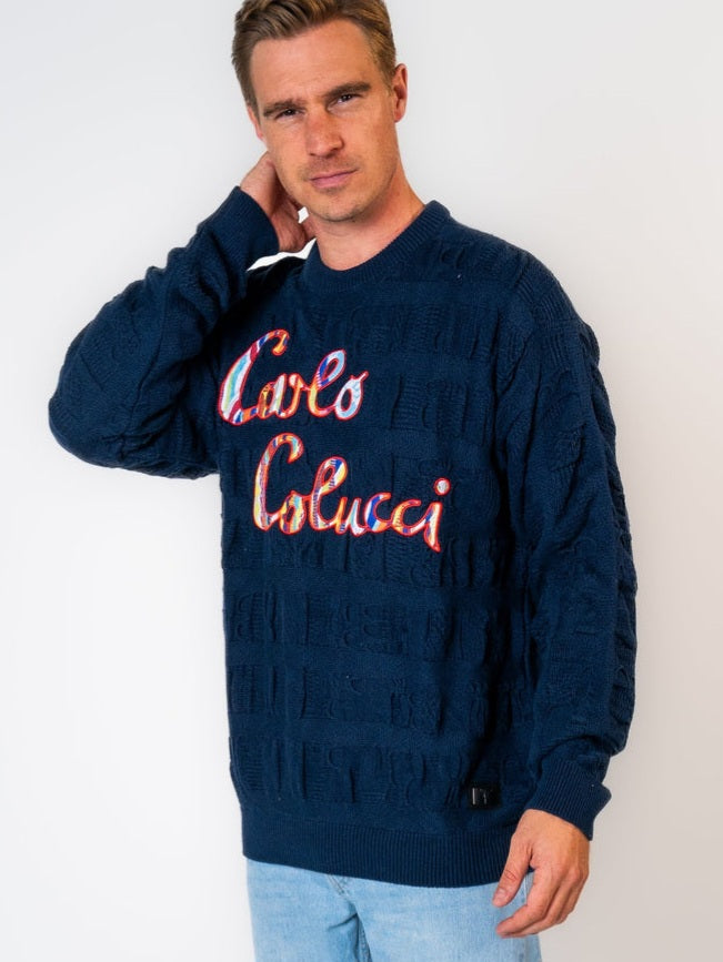 Carlo Colucci 3d Strick Pullover navyblau Schrift bunt LIMITED EDITION