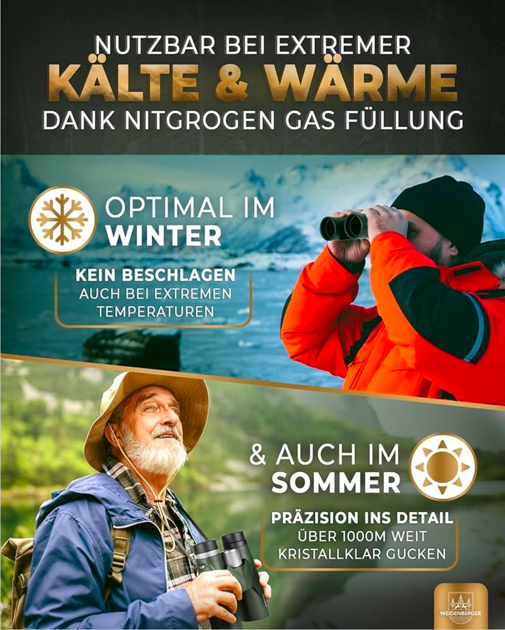 Weidenberger Fernglas 12x42, [TESTSIEGER] Magnesium Fernglas mit Nitrogenfüllung und wasserdicht, für Erwachsene, BAK4 HD Prisma + FMC Objektiv, auch Brillenträger geeignet (Grün, schwsrz 12x42)