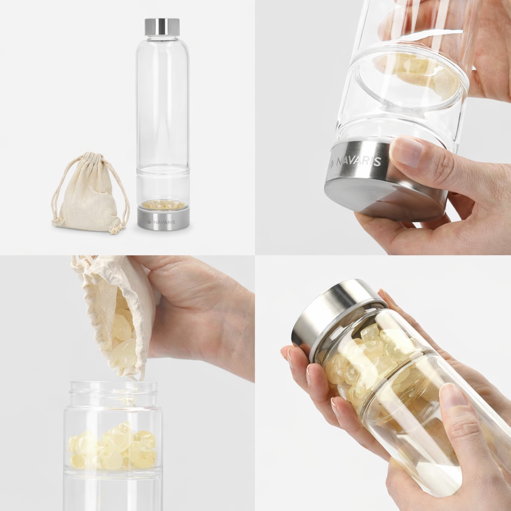 Navaris Citrin Glas Flasche Thermoflasche Energiesteine