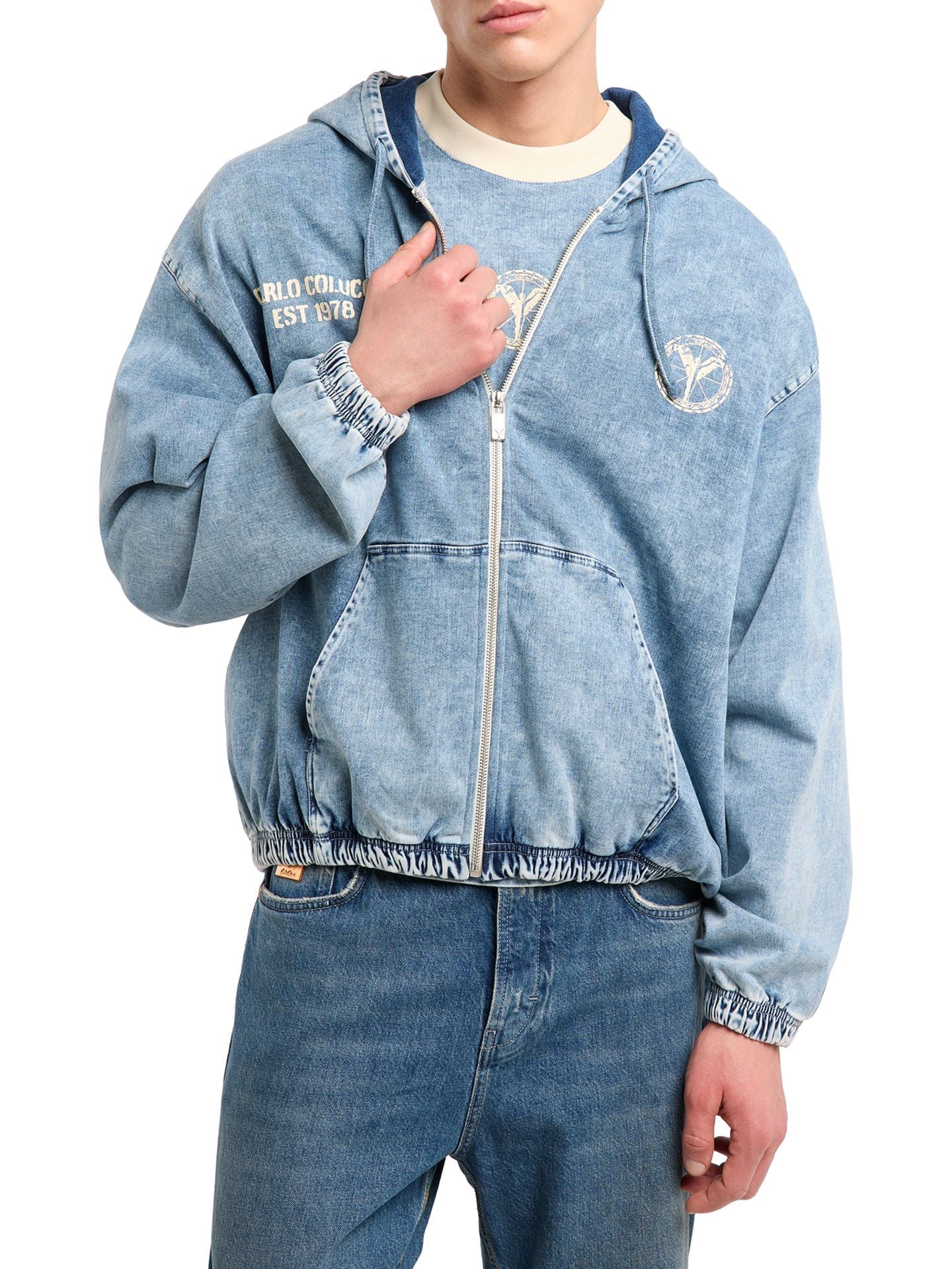 Original Carlo Colucci Jeans Optik Jacke Reißverschluss Schrift blau grau
