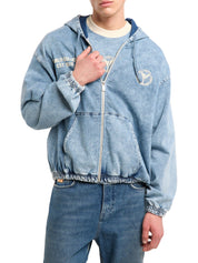 Original Carlo Colucci Jeans Optik Jacke Reißverschluss Schrift blau grau