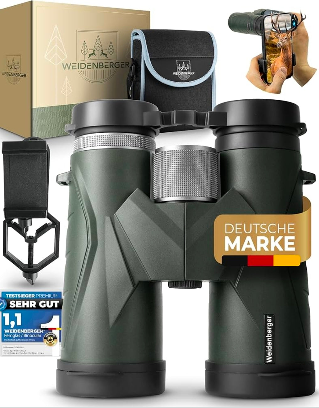 Weidenberger Fernglas 12x42, [TESTSIEGER] Magnesium Fernglas mit Nitrogenfüllung und wasserdicht, für Erwachsene, BAK4 HD Prisma + FMC Objektiv, auch Brillenträger geeignet (Grün, schwsrz 12x42)