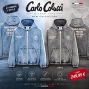 Original Carlo Colucci Jeans Optik Jacke Reißverschluss Schrift blau grau