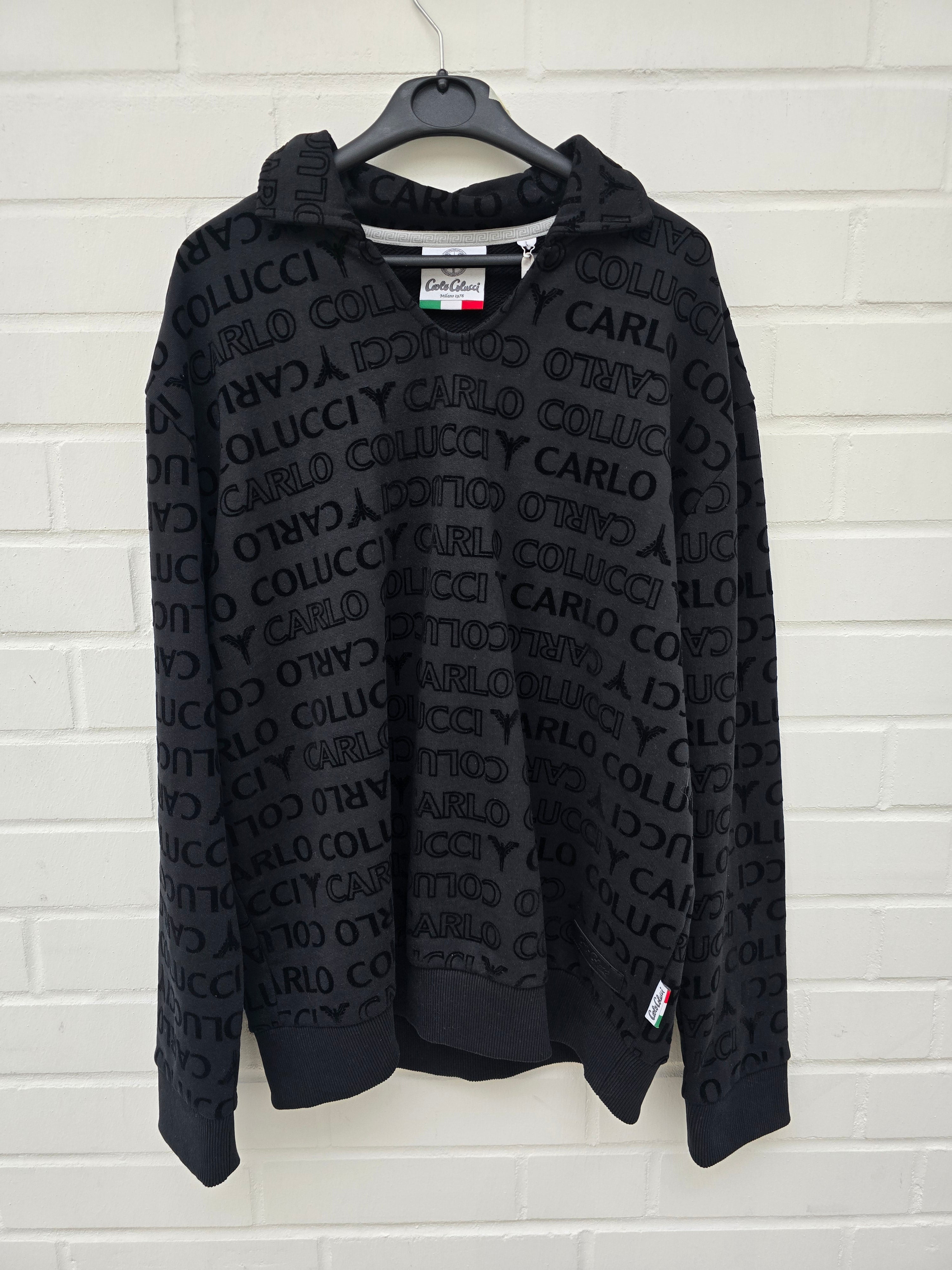 (Stange2) Carlo Colucci Sweatshirt Pullover mit Kragen schwarz samt geflockt M-L