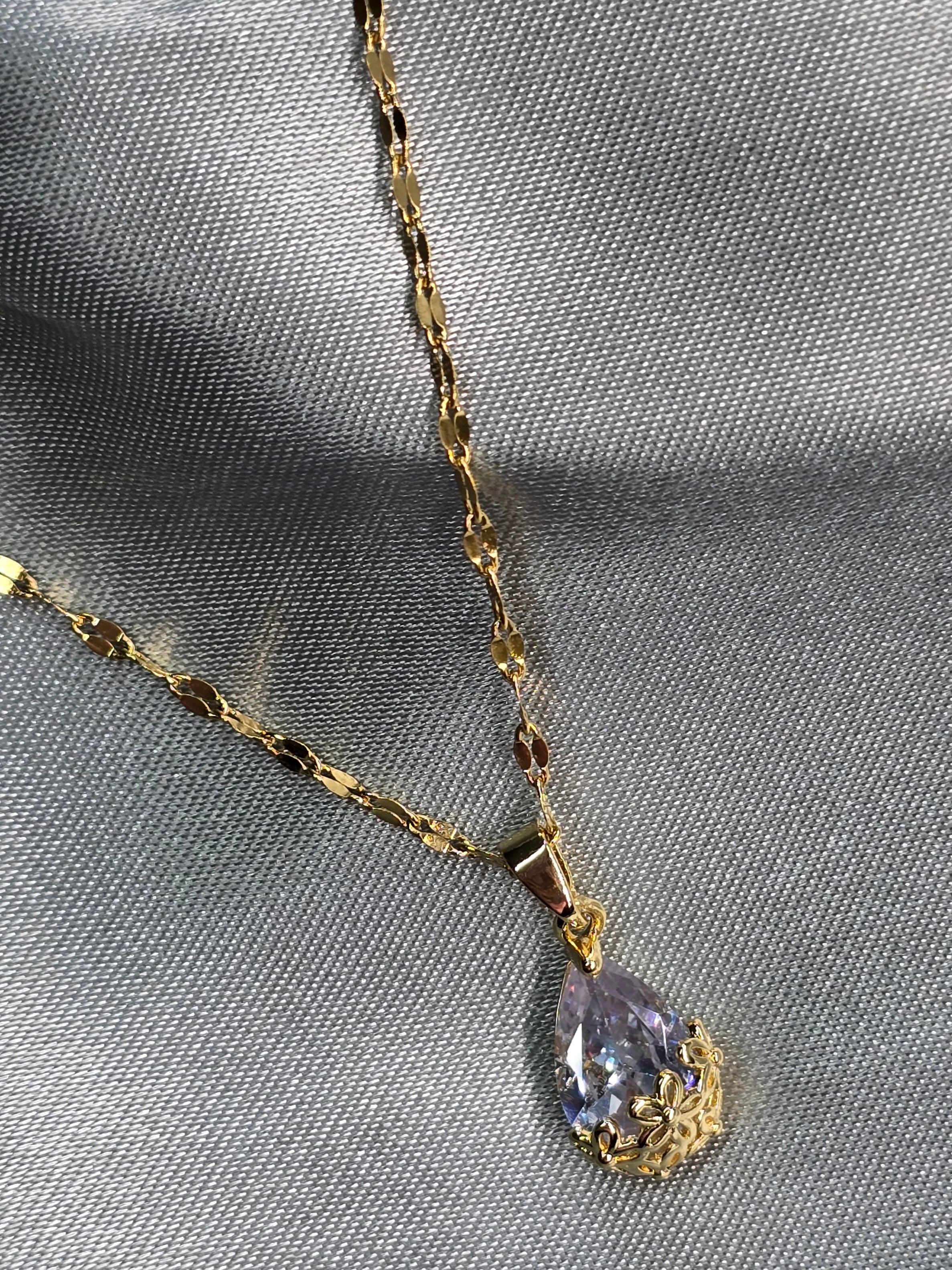 18k vergoldet Edelstahl Halskette gold Tropfenzirkonia mit Blumen (11)