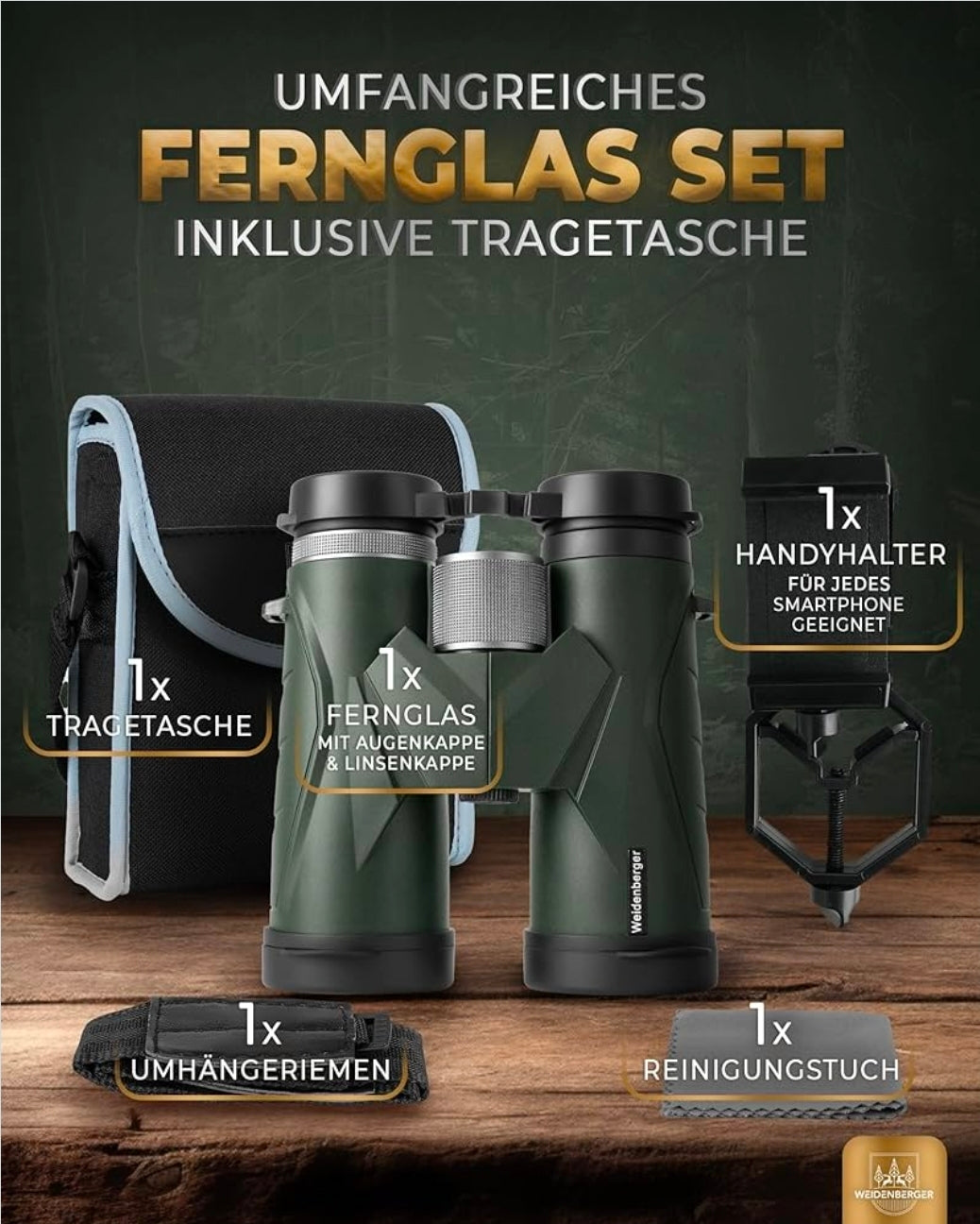 Weidenberger Fernglas 12x42, [TESTSIEGER] Magnesium Fernglas mit Nitrogenfüllung und wasserdicht, für Erwachsene, BAK4 HD Prisma + FMC Objektiv, auch Brillenträger geeignet (Grün, schwsrz 12x42)