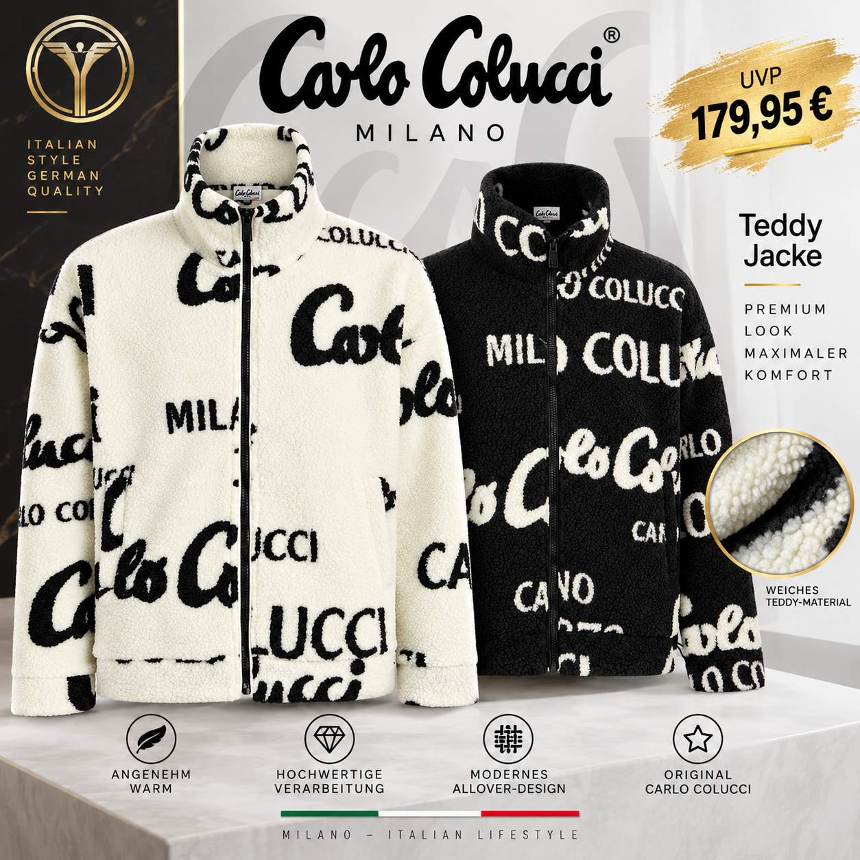 Carlo Colucci Teddyjacke schwarz cremeweiß Jacke Reißverschluss Schrift