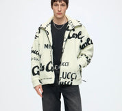 Carlo Colucci Teddyjacke schwarz cremeweiß Jacke Reißverschluss Schrift