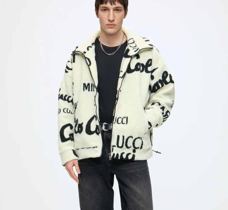 Carlo Colucci Teddyjacke schwarz cremeweiß Jacke Reißverschluss Schrift