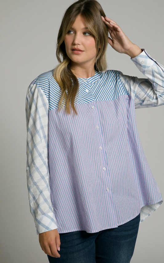(U9) Ulla popken Hemd Blau/Lila/weiß 800488 800