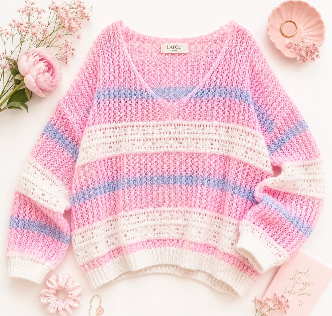 Sommer Pastell Strick Pullover leicht locker rosa weiß hellblau gestreift