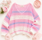 Sommer Pastell Strick Pullover leicht locker rosa weiß hellblau gestreift