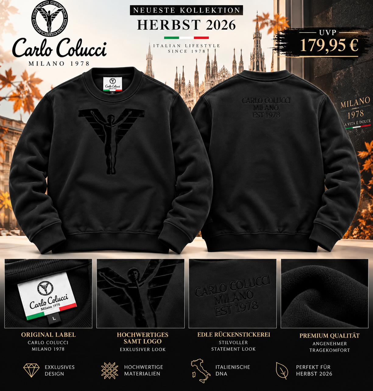 Carlo Colucci Sweatshirt schwarz Logo Samt C6627 Col 20 -12-