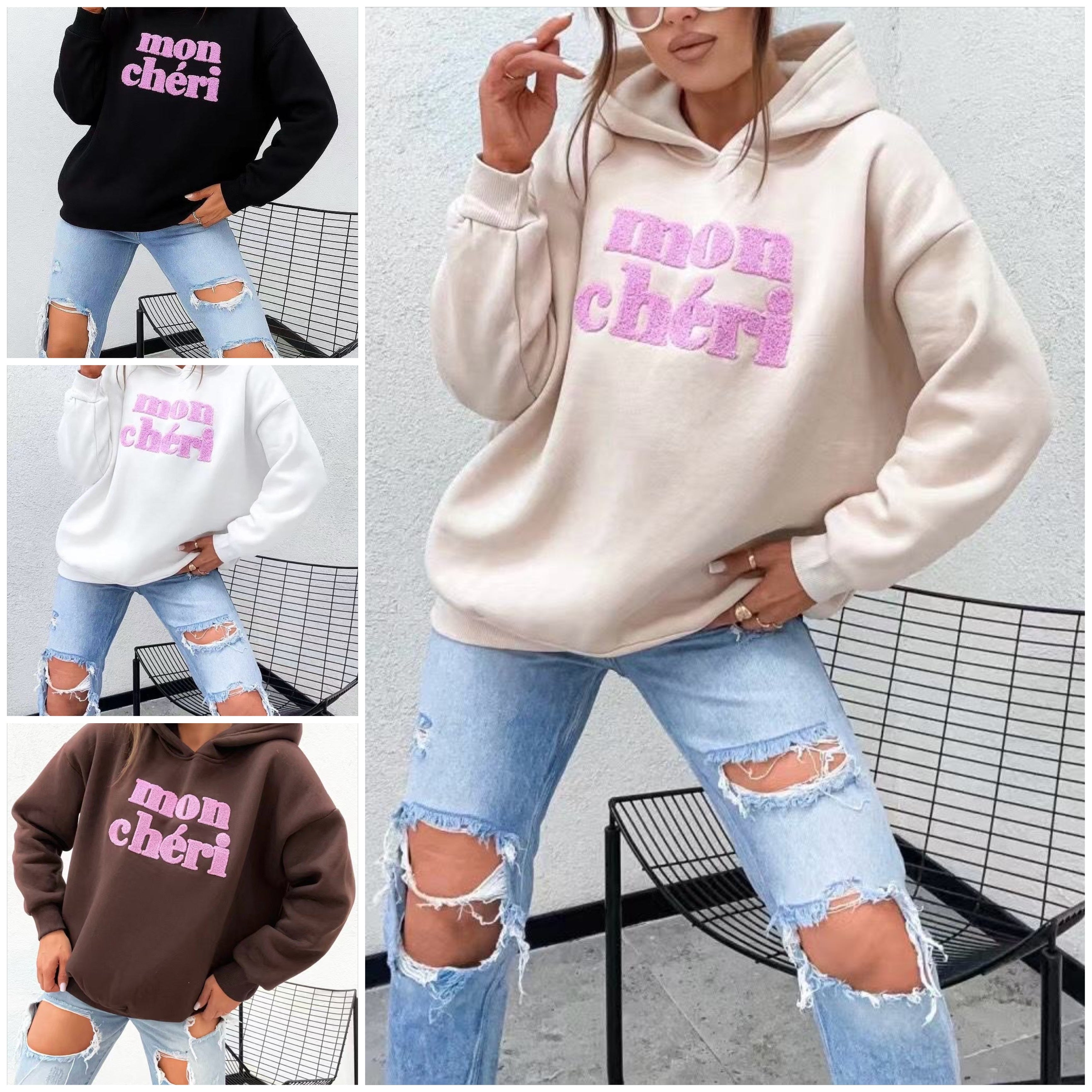 Mon Chèri Hoodie Damen innen Fleece braun, creme, weiß, schwarz