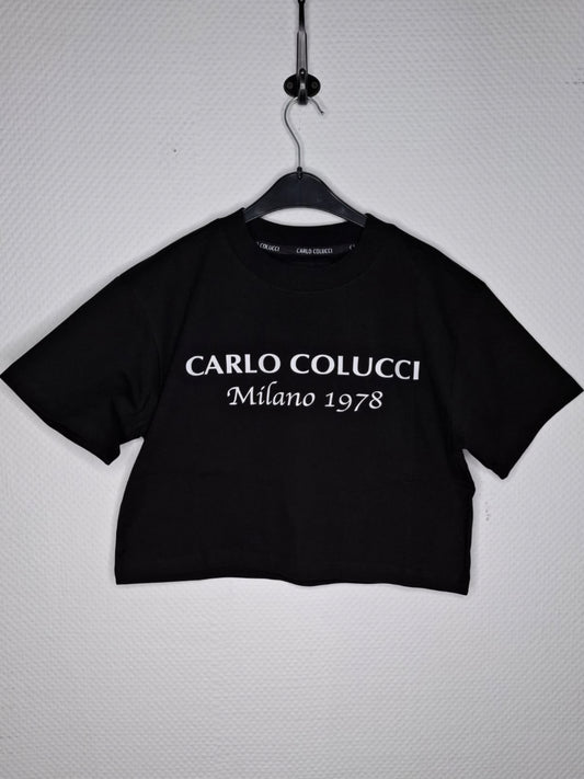 (9) Carlo Colucci Damen T Shirt schwarz crop Shirt kurz