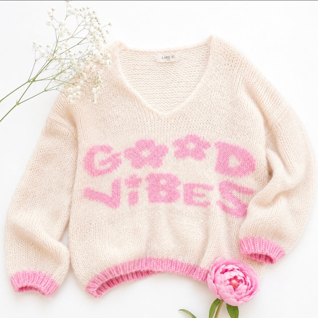 Good Vibes Kuschel Strick Pullover weiß rosa