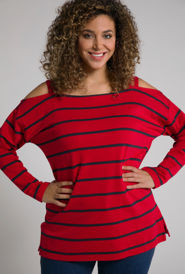 (U33) Ulla Popken Langarmshirt schulterfrei Rot/schwarz