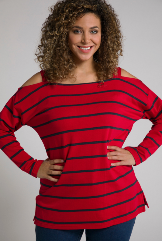 (U33) Ulla Popken Langarmshirt schulterfrei Rot/schwarz