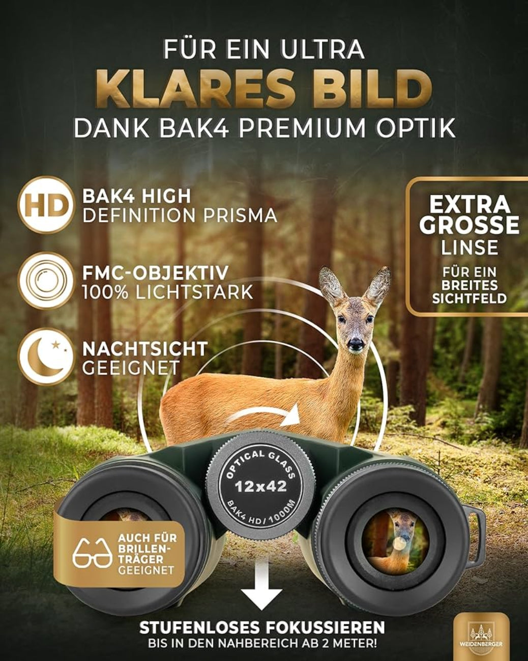Weidenberger Fernglas 12x42, [TESTSIEGER] Magnesium Fernglas mit Nitrogenfüllung und wasserdicht, für Erwachsene, BAK4 HD Prisma + FMC Objektiv, auch Brillenträger geeignet (Grün, schwsrz 12x42)