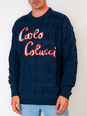 Carlo Colucci 3d Strick Pullover navyblau Schrift bunt LIMITED EDITION
