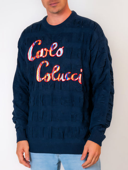 Carlo Colucci 3d Strick Pullover navyblau Schrift bunt LIMITED EDITION