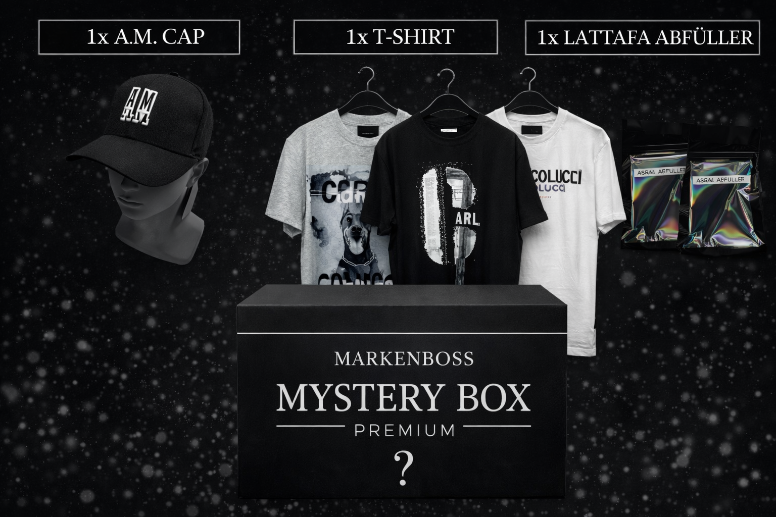 Mystery Box Carlo Colucci 1x Tshirt + 1x A.M. Cap + 1x Lattafa Abfüller Wert (ca. 140€-160€