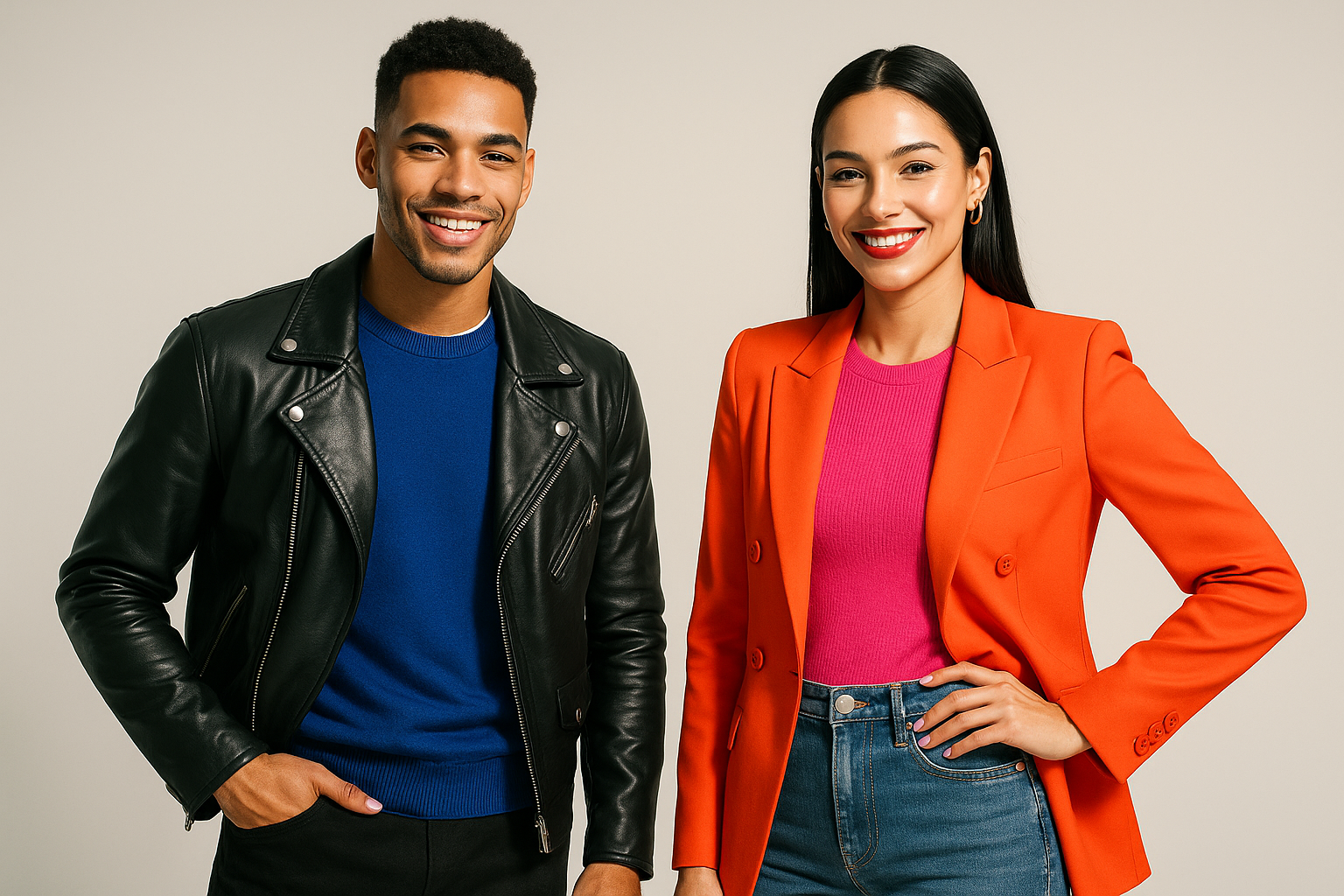 style beautiful male and female model cool smiling bright style modern