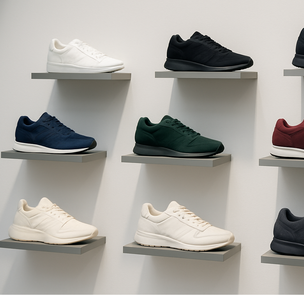 Ultra HD Bild Eine Wand im Laden an der auf kleinen Regalen an der Wand verschiedene moderne Sneaker sind in verschiedenen aber stimmigen Farben aber alles verschiedene Sneaker immer einzelstücke